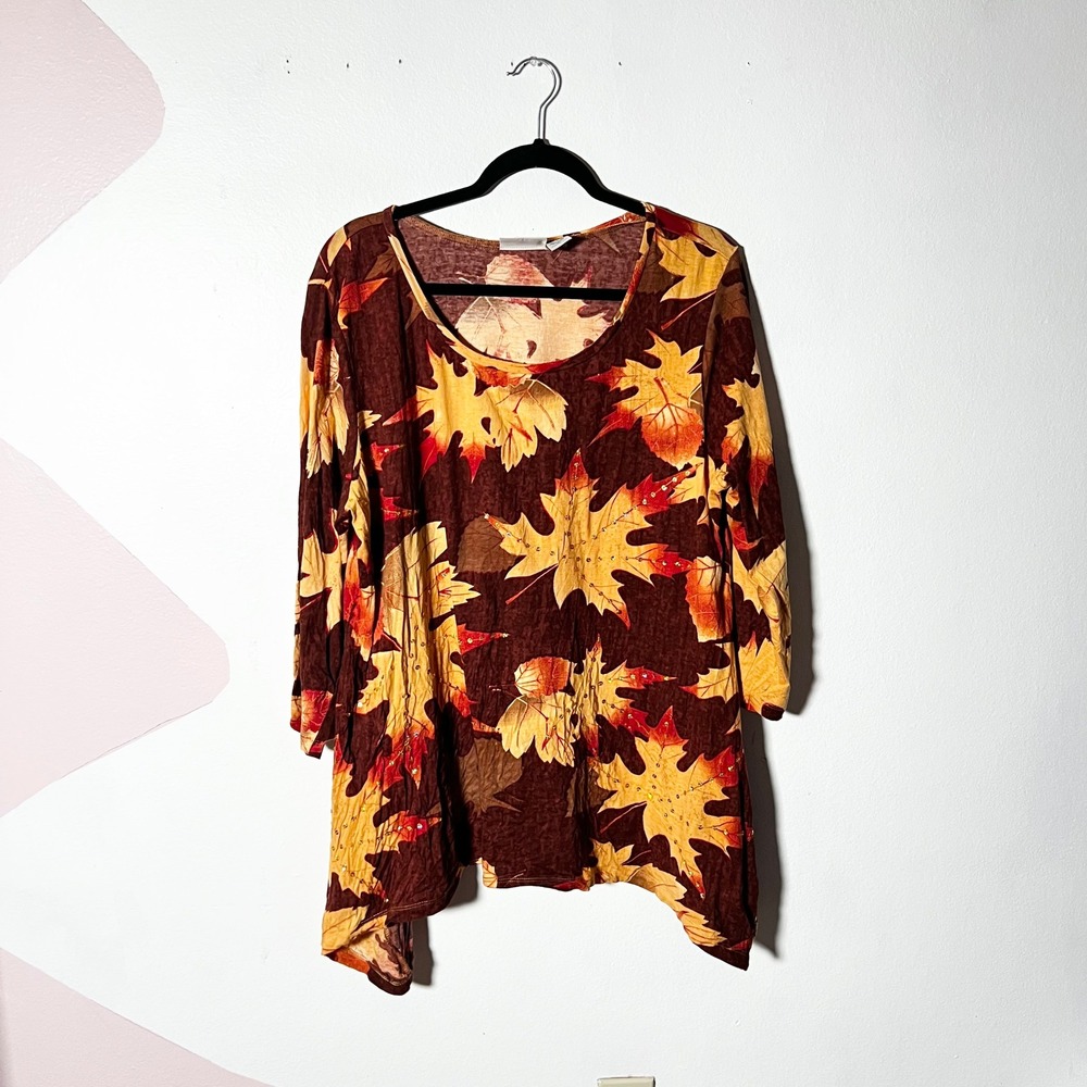 Vintage Tunic Top Womens XL Brown Fall Autumn Leaf Sharkbite Cottage